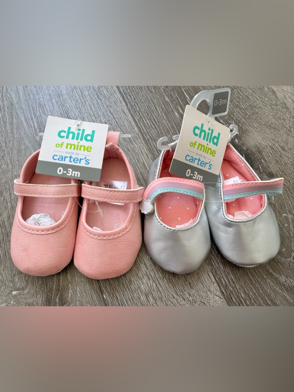 Carter's Child of Mine Baby Mary Jane Shoes 2 Pair Bundle Pink Silver 0-3 Months